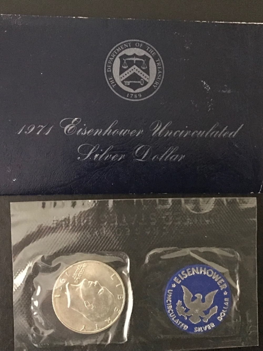 1971 S Eisenhower Silver Dollar US Mint Uncirculated 40% Blue Envelope & Chip